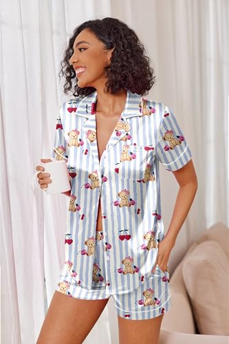 Image of Ekouaer Womens Satin Silk Pajamas Set Short Sleeve Sleepwear Button Down Top and Shorts Loungewear 2 Piece Pjs Set S-XXL