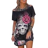 5665 Women's Off Shoulder Tshirts Dresses Summer Short Sleeve Loose Knee Length Dress Skull Graphic...