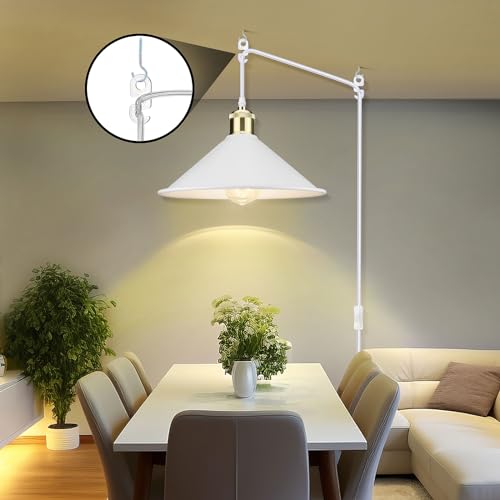 Image of Big White Plug in Pendant Light, Modern Hanging Light with Plug in Cord | Hanging Lamp, Pendant Lamp, Vintage Pendant Light with Plug in Cord, Industrial Pendant Light Fixture for Kitchen Dining Room