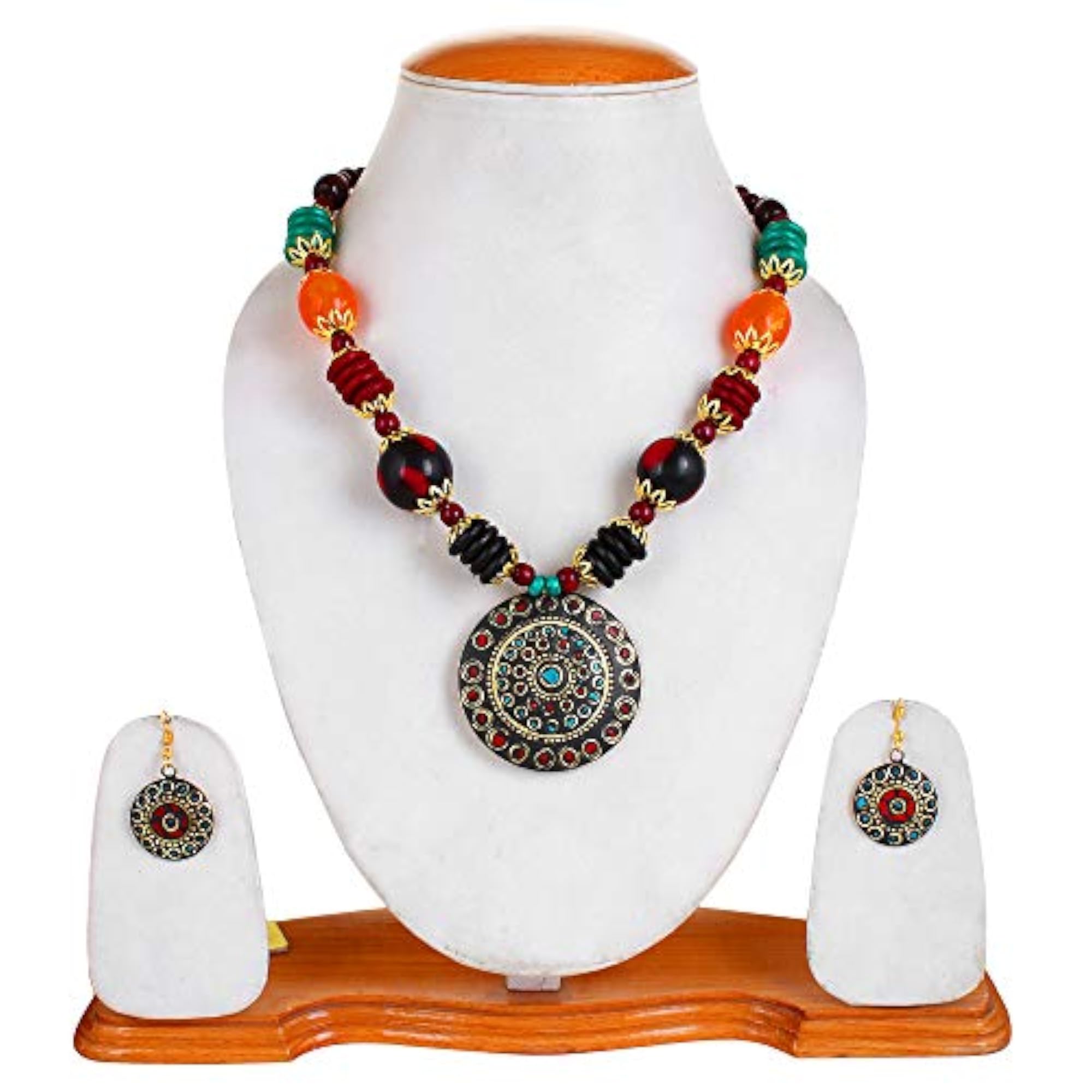 Stylish Afghani Tribal Beads Multicolor Necklace Set with Earrings
