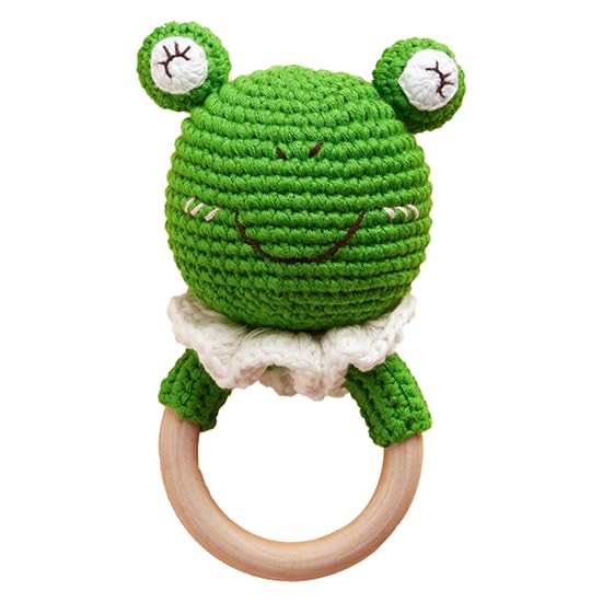 Image of Chippi & Co Wooden Crochet Baby Rattle, Crochet Toys Stuffed Animals Easter Gifts for Kids, Newborn Toys, Unique Easter Basket Stuffers, Basket Filler, Cute Baby Shower Decor (Trevor The Green Frog)