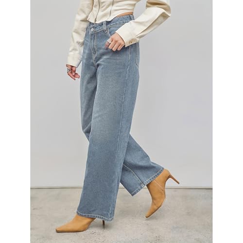 Women's Low Waisted Baggy Jeans Crossover Wide Straight Leg Denim Pants Lowrise Casual Loose Jean Trousers3