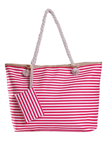 DonDon Grand sac de plage avec fermeture à glissière Sac shopping à bandoulière rayé blanc rose