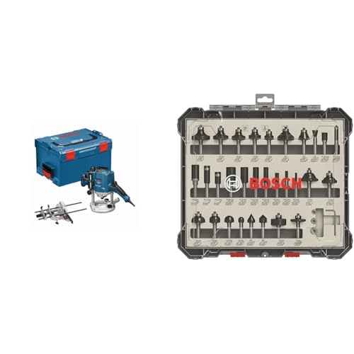 Bosch Professional 0601626001 Défonceuse GOF CE 1250 W 10000-24000 tours/min + Bosch Professional 30 pièces Kit de Fraises Mixtes (pour bois, Ø 8 mm Queue,...