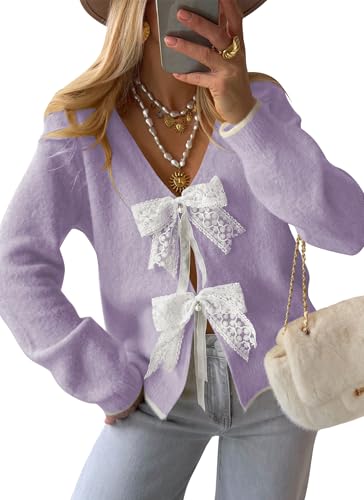 Image of Cakulo Womens Bow Tie Sweater V Neck Cardigan Sweaters 2026 Lightweight Spring Fashion Knit Cardigans Outfits