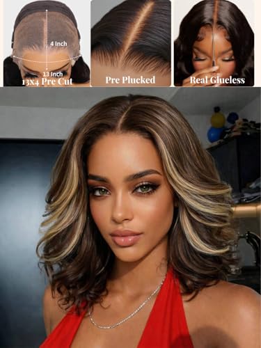 Image of Beauty Forever Bob Wig Human Hair Dark Brown with Honey Blonde Highlights 13x4 HD Lace Glueless Wig,Layered Wavy Short Bob with Drawstring,Pre Cut Plucked Bye Bye Knots,150% Density Ready to Go 10inch