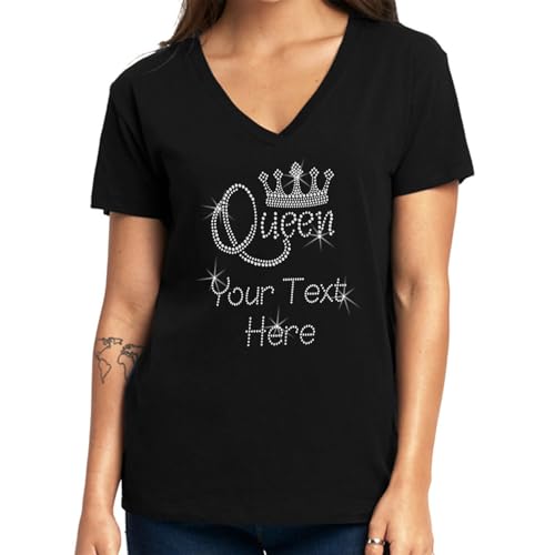 Personalized Custom Your Text Womens T-Shirt Rhinestone Bling Black Tee Queen Crown Sparkle White Crowns Divas V-Neck XX-Large