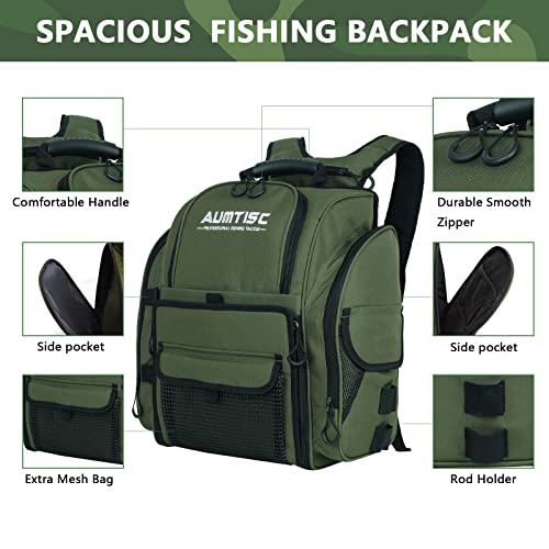 Image of AUMTISC Fishing Tackle Bag Backpack for Men with 4 Tackle Boxes, 2 Rod Holder, Rain Cover, Large Fishing Equipment Gear Bags for Camping, Hiking