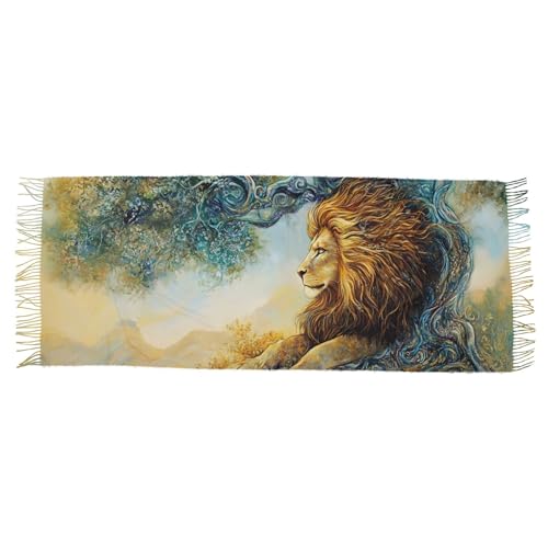 Lion under Tree Cashmere Feel Scarf for Women, Single-sided Print, Fashion Pashminas Shawl Wrap Large Size with Tassels2