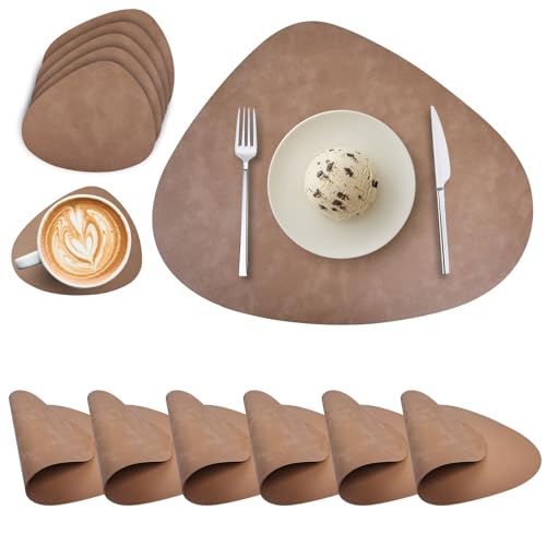 Lot de 6 Sets de Table Ronds en Cuir PU et Dessous de Verre - Double Face, Imperméables, Lavables, Antidérapants, Résistants à la Chaleur (Chameau)