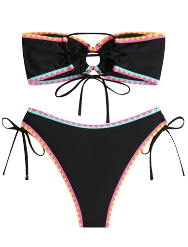 Image of ZAFUL Women's Bandeau Bikini O Ring Strapless Tie Back High Cut Two Piece Swimsuit Bathing Suits