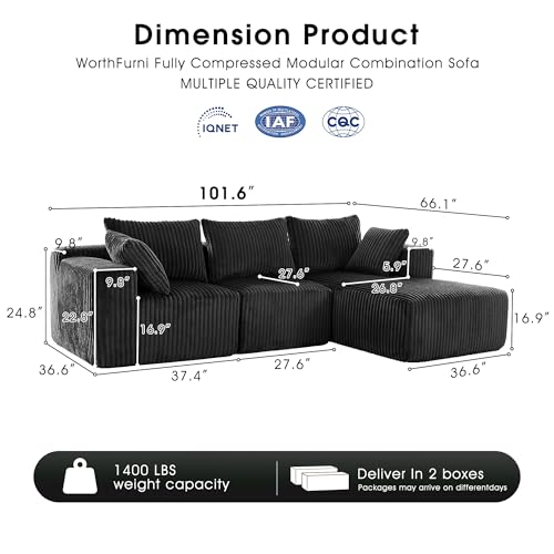L-Shape Chaise Cloud Sofa - Black Plush Corduroy Fabric