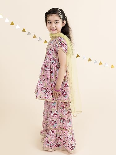 Pspeaches Girls Pink Floral Printed Gotta Patti Pure Cotton Kurti With Palazzos With Dupatta (Pink-3-4Y)