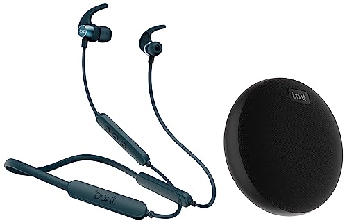 Image of boAt Rockerz 255 Pro+ in-Ear Bluetooth Neckband with Upto 40 Hours Playback (Teal Green) && Stone 180 5W Bluetooth Speaker with Upto 10 Hours Playback, 1.75 inch Driver, IPX7 & TWS Feature(Black)