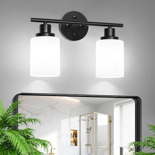 Image of Unicozin 2 Light Bathroom Light Fixtures, Modern Vanity Lights with Milky Glass Shade, Black Wall Lamp Over Mirror for Bathroom, Living Room, Cabinet, Bedroom, E26 Base