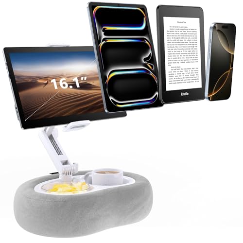Tablet & E-Reader Stand with Soft Plush Pillow and 2 Detachable Trays, Adjustable Tablet Holder for Bed or Lap Compatible with Kindle Kobo iPad iPhone Portable Monitors & 4.7-16.1