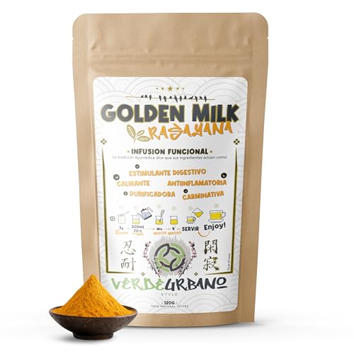 GOLDEN MILK - LECHE DORADA | RASAYANA | Infusión funcional 100% especias naturales | Rinde entre 40 y 60 tazas | 120 g. (Grande)
