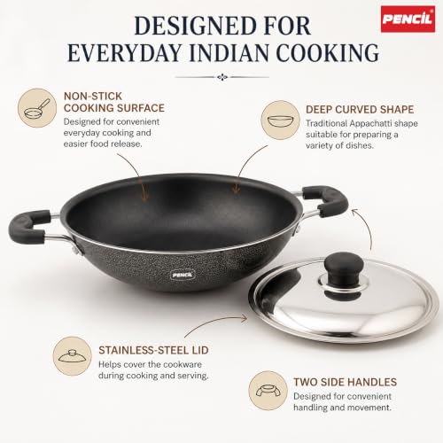 Image of Pencil Signature Non-Stick Appachatti /Appachetty with Steel Lid | Versatile Cookware for Perfectly Crafted Delights | Gas Top Compatible