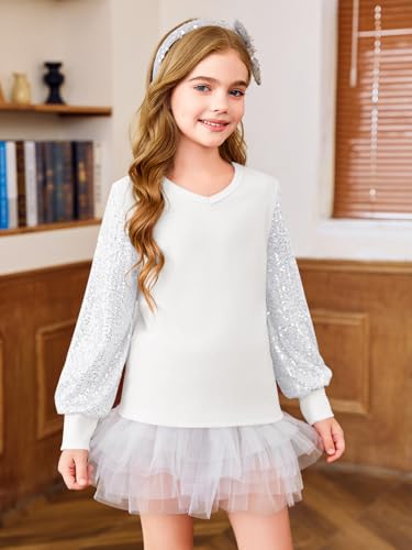 Haloumoning Girls Sequin Shirts Kids Cute Tops Long Sleeve V Neck Blouses for 5-14 Years2