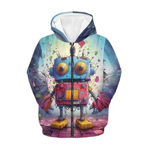 JooMeryer Teens Girls Boys Cartoon Robot Print Long Sleeve Casual Front Zip Up Hoodie 8-14Y