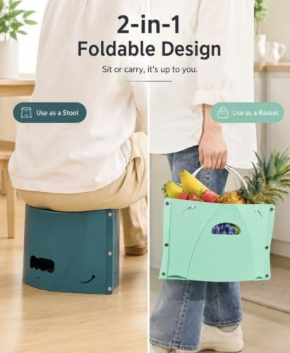 Image of RadheKrishna Oligitdi Foldable Stool and Collapsible Basket, Green, for Camping, Fishing, Travel, and Queueing