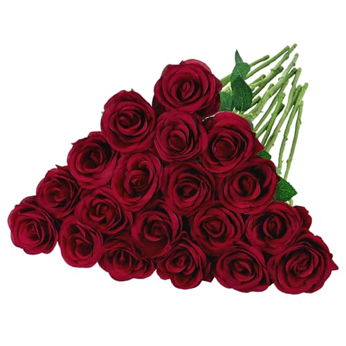 BlueCloudy 16 rosas rojas artificiales de franela, rosas artificiales con tallo largo, flores artificiales para bodas, decoración de mesa, San Valentín, fiesta en casa, ramo de novia, vino rojo
