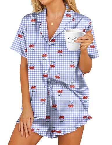 Image of HOTOUCH Womens Satin Pajamas Set Button Down 2 Piece Silk Pjs Shorts Set Ruffle Lingerie Notch Collar Sleepwear