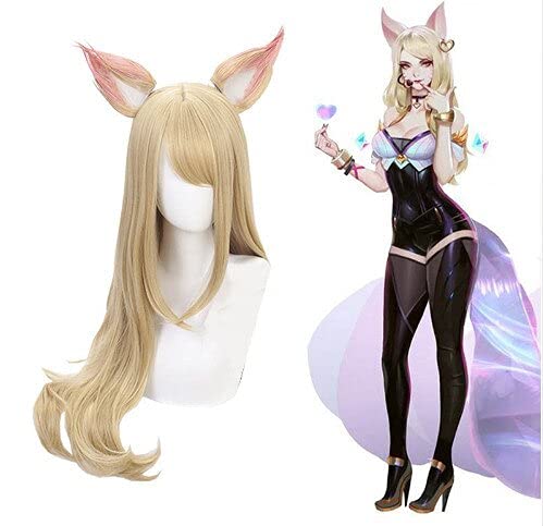 QWIFCMJF Kda Ahri Nine-Tailed Fox Cosplay Hair Wig + Ear + Wig Cap