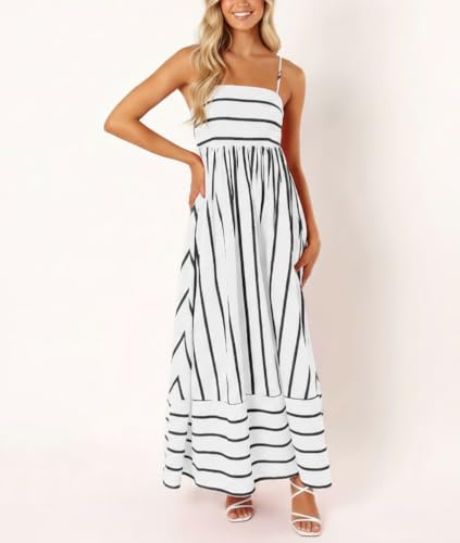 Image of chouyatou Women's Striped Back Smocked Maxi Dress Sexy Spaghetti Strap Cut Out Flowy Swing Long Dress