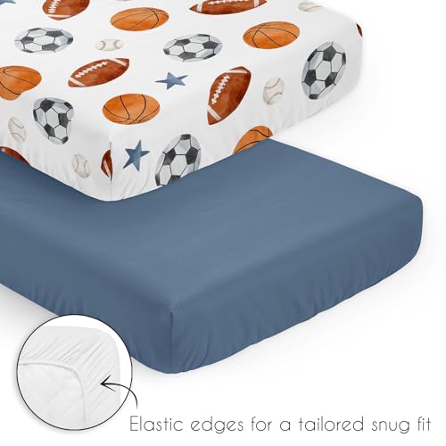 Image of Sweet Jojo Designs Sports Theme Boy Baby Mini Crib Bedding Set Infant Nursery Room Newborn Blanket Portable Pack n Play Sheets 3p Watercolor Vintage Soccer Balls Football Baseball Basketball Blue Star