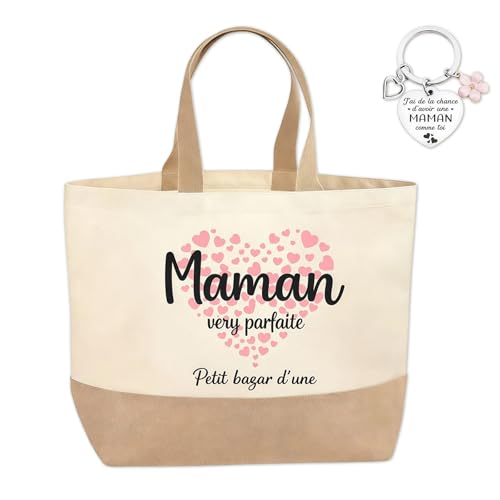 Cadeau Maman Set, Sac Cabas en Toile et Porte-Clés Cœur Argenté, Sac Cabas Pratique et...
