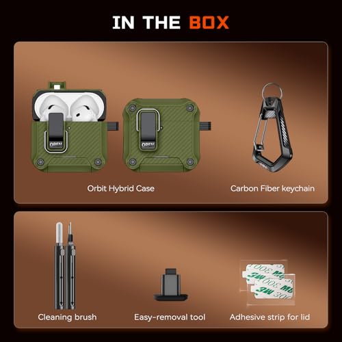 Image of Inesore for AirPods 4 Case with Secure Lock (Dark Green) | Phone Stand Design,Compatible with MagSafe,Automatic Snap Switch Secure Cover Carbon Fiber Texture with Cleaner Kit