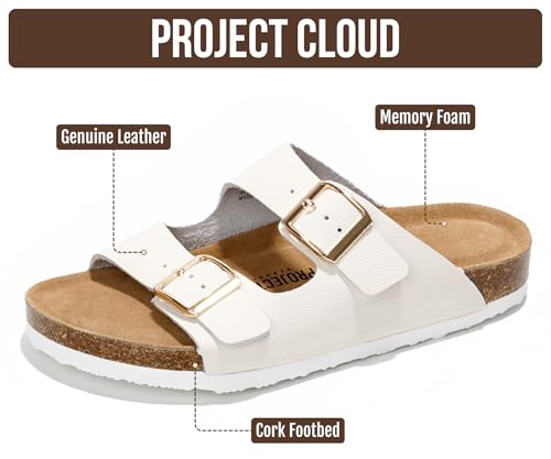 Image of Project Cloud 100% Genuine Leather Flat Sandals For Women 2026 Cork Footbed Womens Sandals with Memory Foam and arch support Vacation Essentials Slides for Women Footwear (Venita)