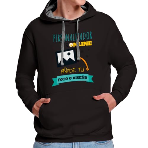 MVO Sudadera Personalizable con Capucha · con tu Foto y/o Textos · A Todo Color · para Hombre · Impresión DTG o DTF · Diseña tu Sudadera Personalizada (L, Negro)