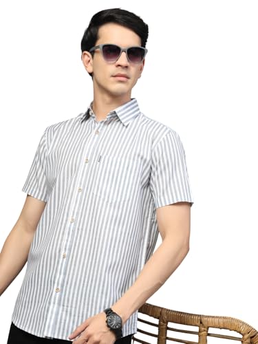 Image of Majestic Man Men's Pure Cotton Striped Half Sleeve Regular Fit Shirt