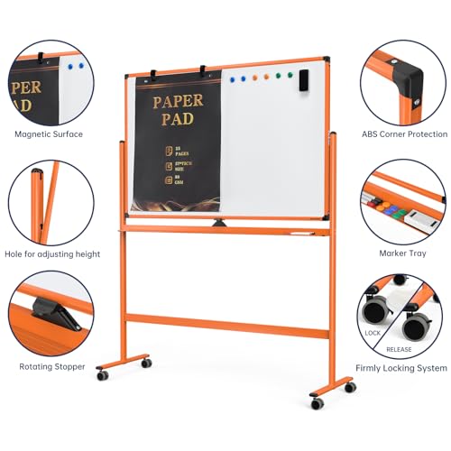 Image of Large Dry-Erase Rolling Magnetic Whiteboard - 48 x 32 Inches Dry Erase Board with Stand Height Adjust Double Sides Mobile White Board Easel on Wheels with 25 Sheets Paper Pad Office, Home & Classroom