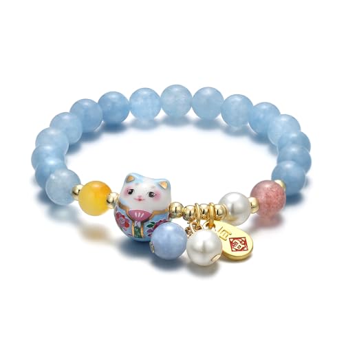 SOOWOOT Feng Shui Lucky Cat Bracelet with Blue Crystal & Ceramic Cat Pendant - Good Luck Jewelry for Women, Attracts Wealth & Provides Protective Energy