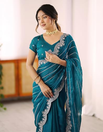 Image of SIRIL Women's Chiffon Scalloped Border Sequins Embroidery Saree with Unstitched Blouse Piece