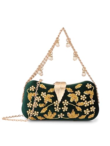 Image of TOOBA Handicraft Clutch Purse For Women with Sleek Design Embroidered Leaf Clutch| Trendy Stylish Bridal, Party, Wedding Sling Bag