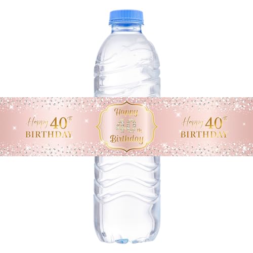 WOWOPA 32 Pcs Happy 40th Birthday Water Bottle Labels, Cheers to 40 Years Birthday Party Water Bottle Labels Stickers Decoration - Pink