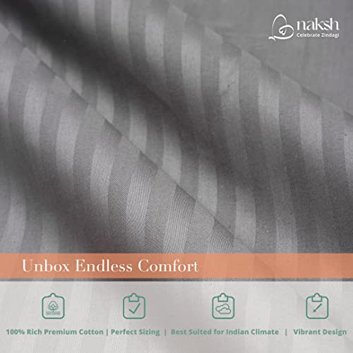 Image of Naksh Japandi Vibes Collection Elastic Fitted Bedsheets King Size 78 x 72 Inch, 210 TC Stripes Pure Cotton, Grey | 1 King Size Bedsheet with Elastic Fitted and 2 Pillow Covers