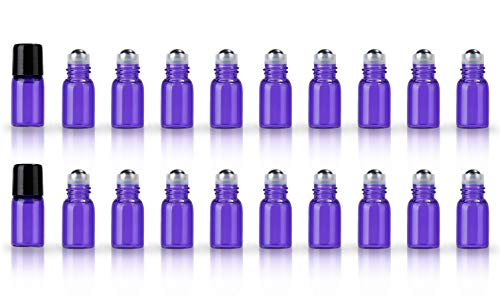 ZbFwmx 20 Pack Set 2ML(5/8 Dram) Micro Mini Glass Roll on Glass Bottles with Metal Roller Balls Refillable Slim Sample Vial Aromatherapy Essential Oil Roll On(2ML Purple)