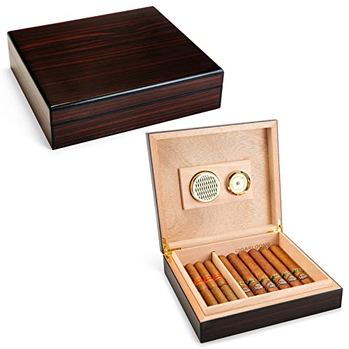 CIGARLOONG Cigar Humidor with Hygrometer, Cedar Wood, Black, 15-20 Cigars