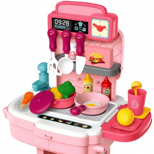 Image of 34 Piece School Bag Packing Pretend Play Cooking Game Kitchen Set Toy for Kids Girls | Modern Chef Kitchen Playset with Accessories | Portable Kitchen Role Play Toy (Chef Kitchen Pink)