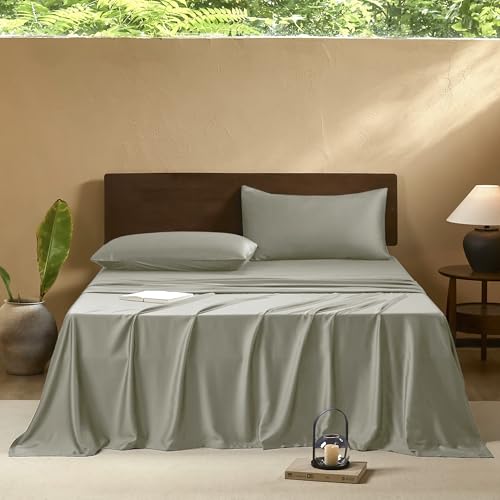 Image of EVERLY Queen Sheets Set Luxuriously 400 Thread Count Organic Rayon Derived from Bamboo Bed Sheet Set,Cooling Sheets for Queen Size 4 Piece Deep Pockets Bedding Sheets &Pillowcases-Light Grey