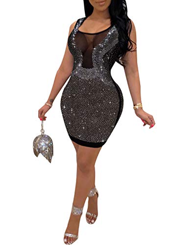 PORRCEY Women Sexy Hot Drilling Process Sexy Dress Party Club Night Dress (K8885,Black,XXL)