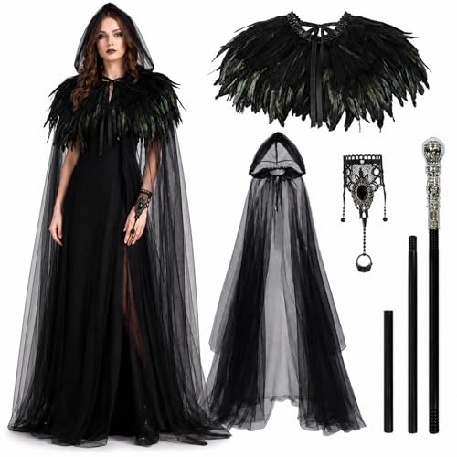 Maazusa Queen Gothic Costume 4Pcs Evil Queen Women Cape Gothic Black Feather Shawl Black Hooded Cloak Wand Bracelet Witch Queen Fancy Dress Costume Women for Halloween Cosplay Party Outfit