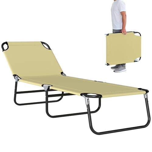 Outsunny Foldable Sun Lounger with 5-Position Adjustable Backrest, Outdoor Portable Recliner Chaise Lounge Chair with Breathable Mesh Fabric, Beige