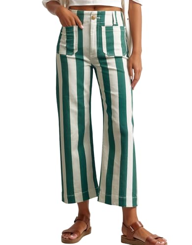 Kedera Women Striped Pants Wide Leg Trousers Casual High Waisted Pants Summer Flare Jeans with Patched Pockets