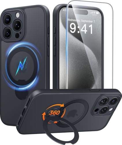 Image of FNTCASE for iPhone 15 Pro Max Case with 360 Spin Magnetic Stand Black